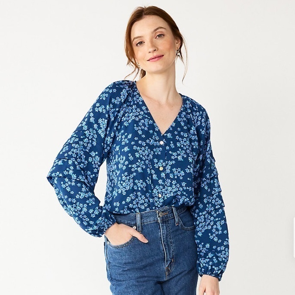 Draper James RSVP New‎ Size Large Blue Floral Country Ruffled Sleeve Bodysuit